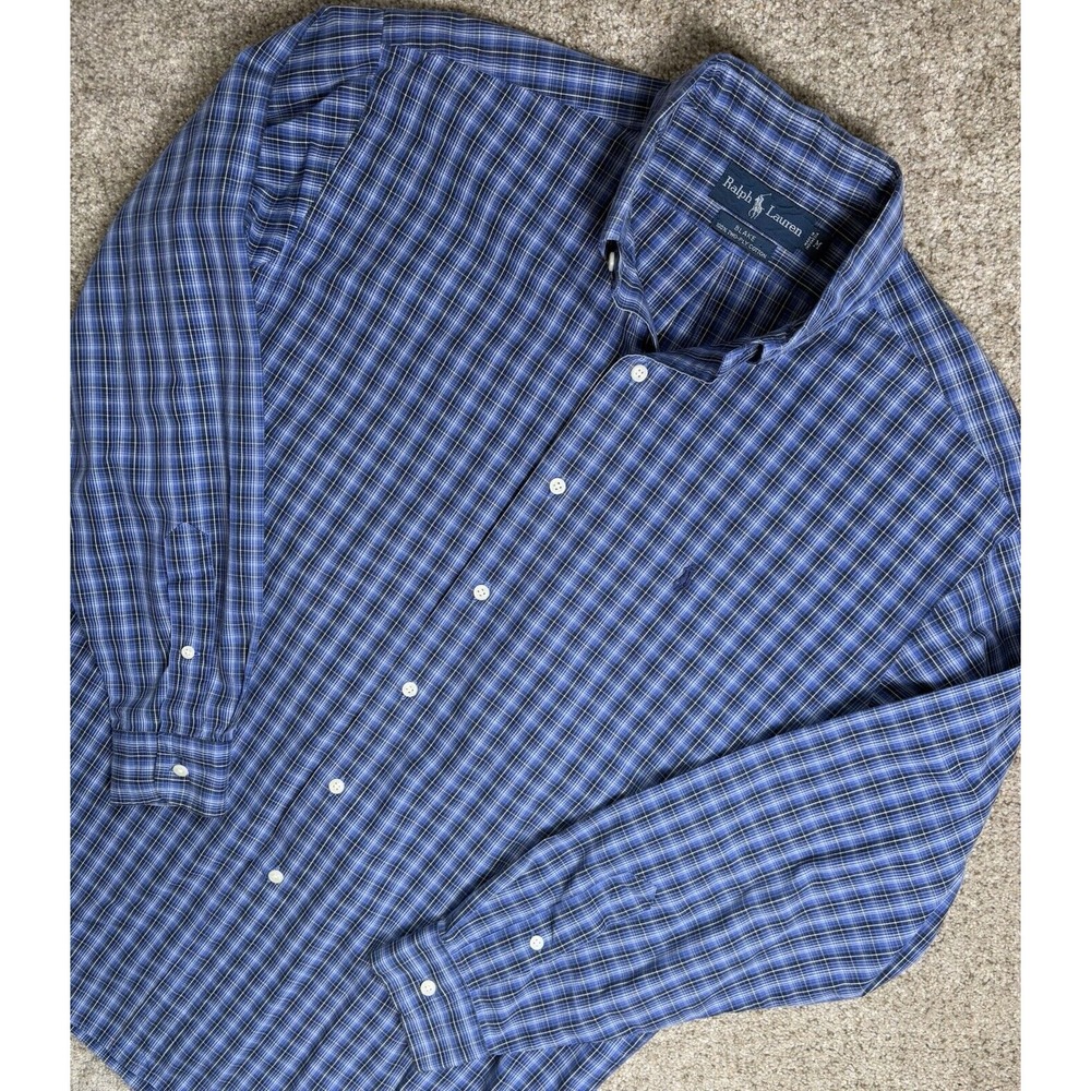 Ralph Lauren Mens Two Ply Cotton Blake Medium Long Sleeve‎ Button Up Shirt Plaid